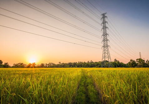 Hochspannungsmast mit elektrischen Freileitungen vor einem Sonnenuntergang