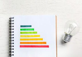 Notizbuch mit Energie-Effizienzklassen-Diagramm und Glühbirne